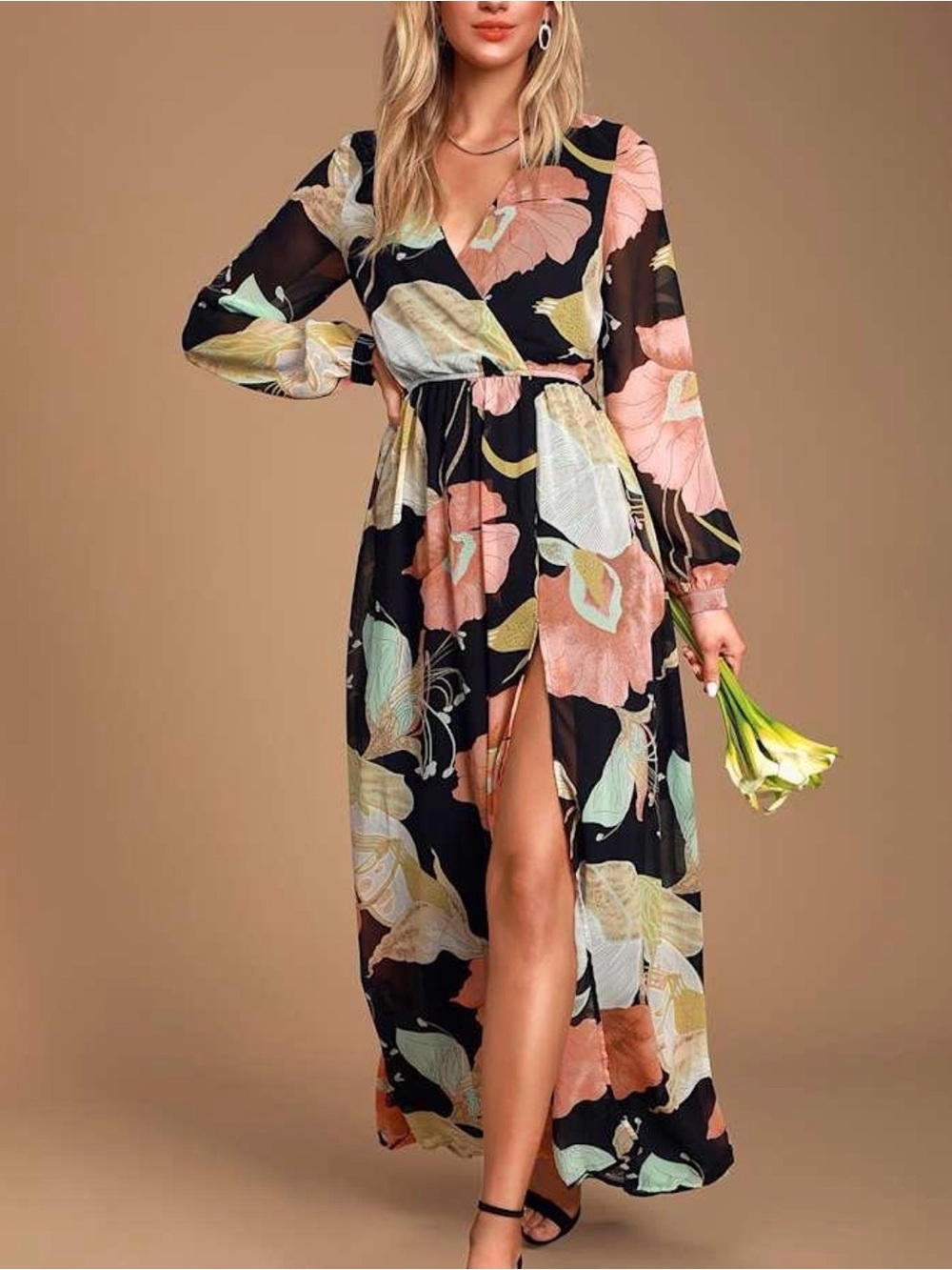 LuLu’s Floral Maxi Dress Large Black Surplice Long Sleeve Slit Boho Wedding